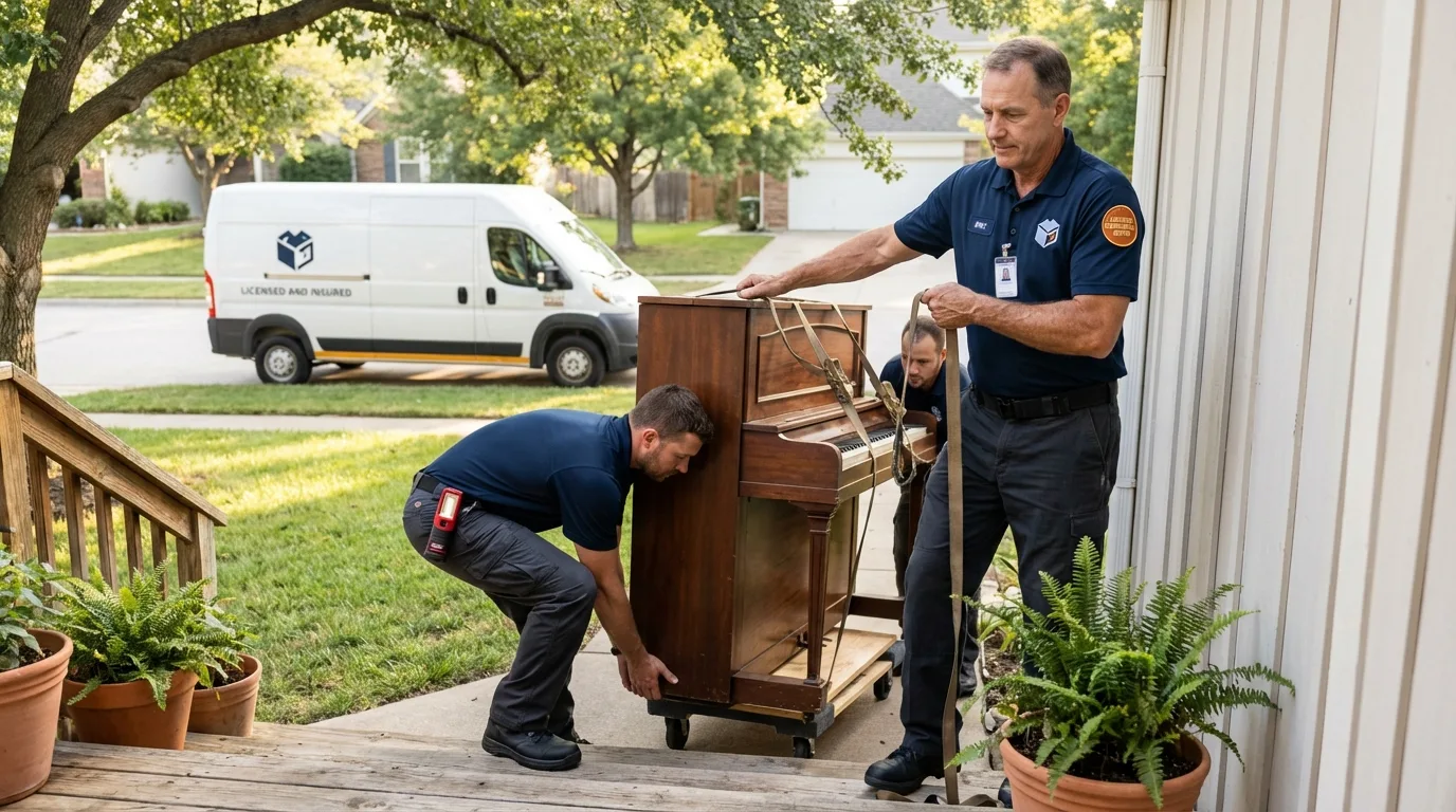 Licensed piano movers securing grand piano in Wheatland, WY