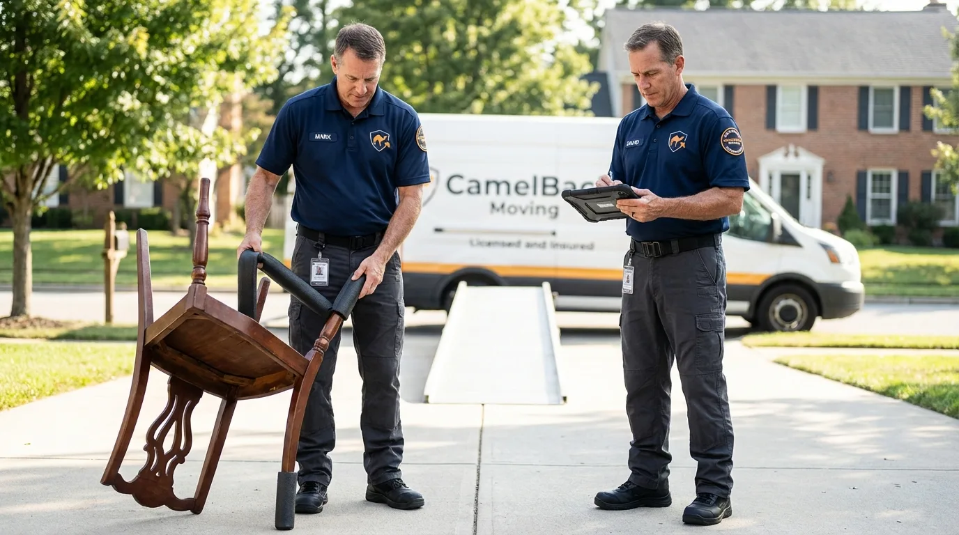 Movers inspecting furniture for damage prevention before loading in Wheatland, WY