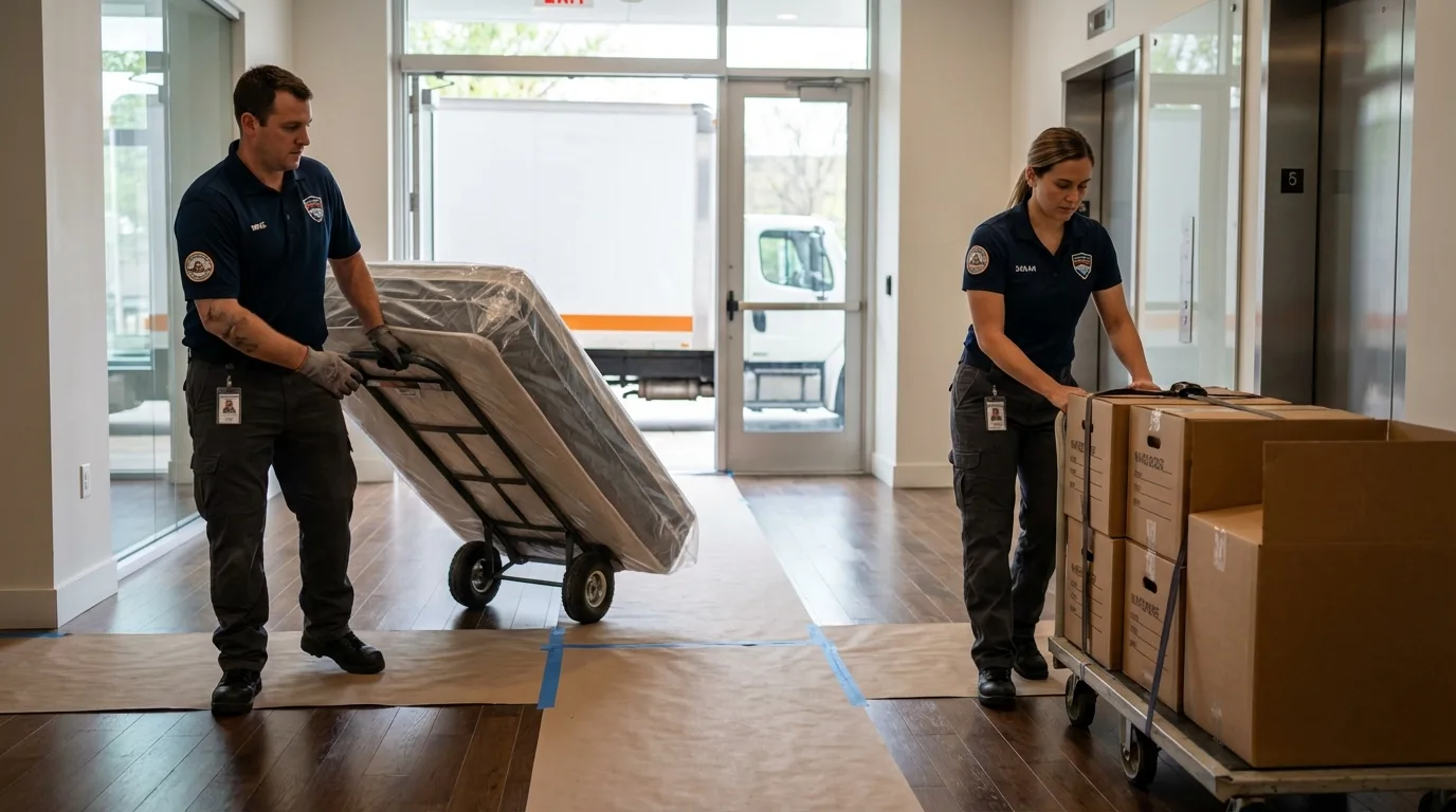 Professional apartment movers loading elevator in Wheatland, WY