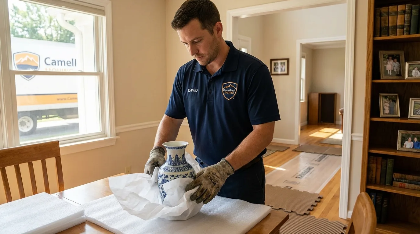 Professional crew carefully wrapping antique vase for senior downsizing move in Wheatland, WY